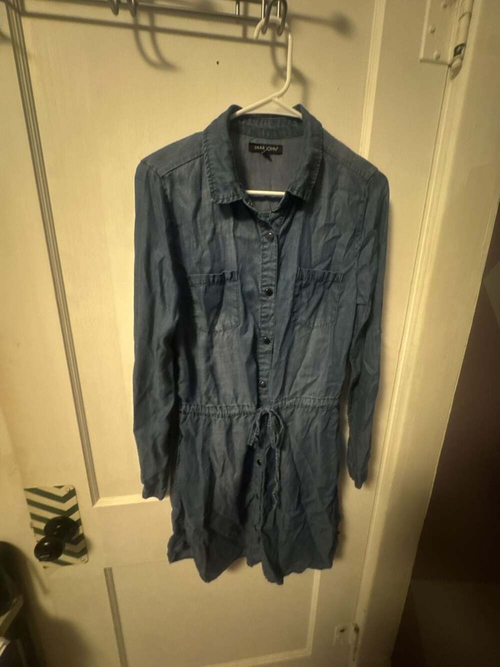 Dear John Women's Blue Lyocell Chambray Denim Long Sleeve Drawstring Shirt Dress
